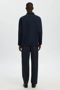 Selected Polo jacquard manga larga 100% algodón orgánico Azul marino Outlet