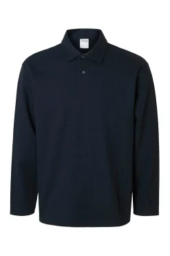 Selected Polo jacquard manga larga 100% algodón orgánico Azul marino Outlet
