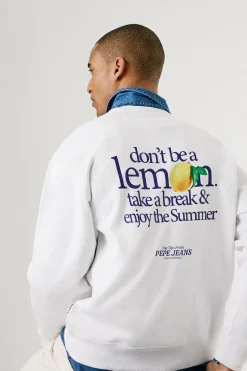 Pepe Jeans Sudadera de cuello redondo con logo frontal y estampado trasero. blanco Clearance