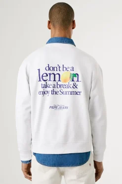 Pepe Jeans Sudadera de cuello redondo con logo frontal y estampado trasero. blanco Clearance