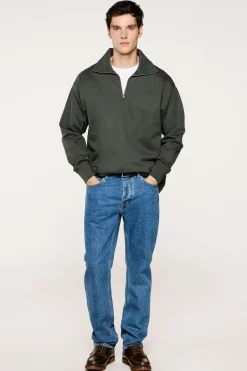 Selected Sudadera media cremallera 100% algodón orgánico Verde oscuro Clearance