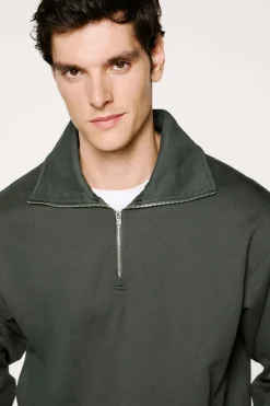 Selected Sudadera media cremallera 100% algodón orgánico Verde oscuro Clearance