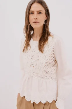 Cortefiel Top combinado crochet Marfil Discount