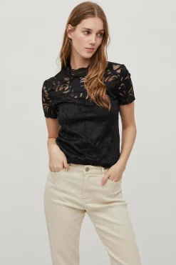 Vila Top de encaje de manga corta Negro Hot