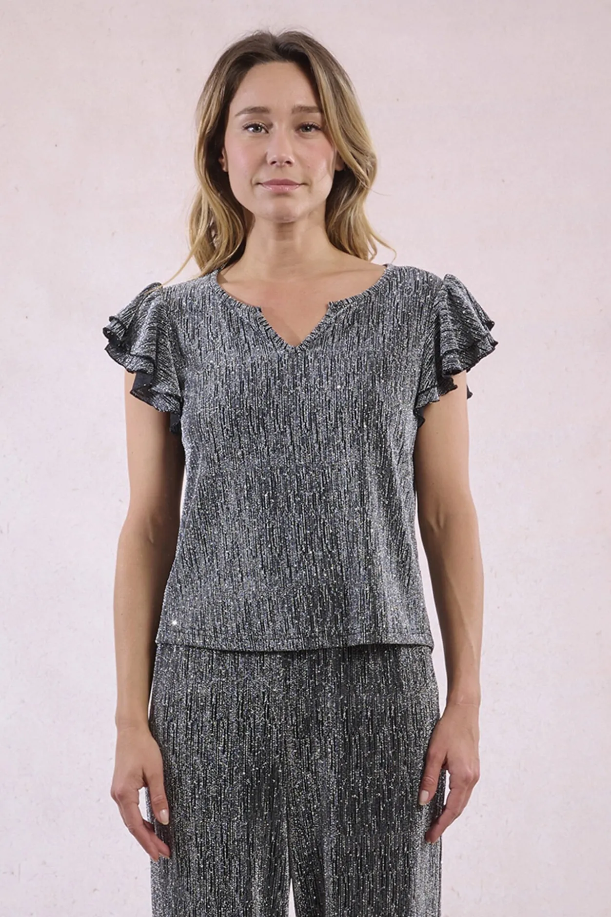 Molly Bracken Top de manga corta detalle volantes Gris New