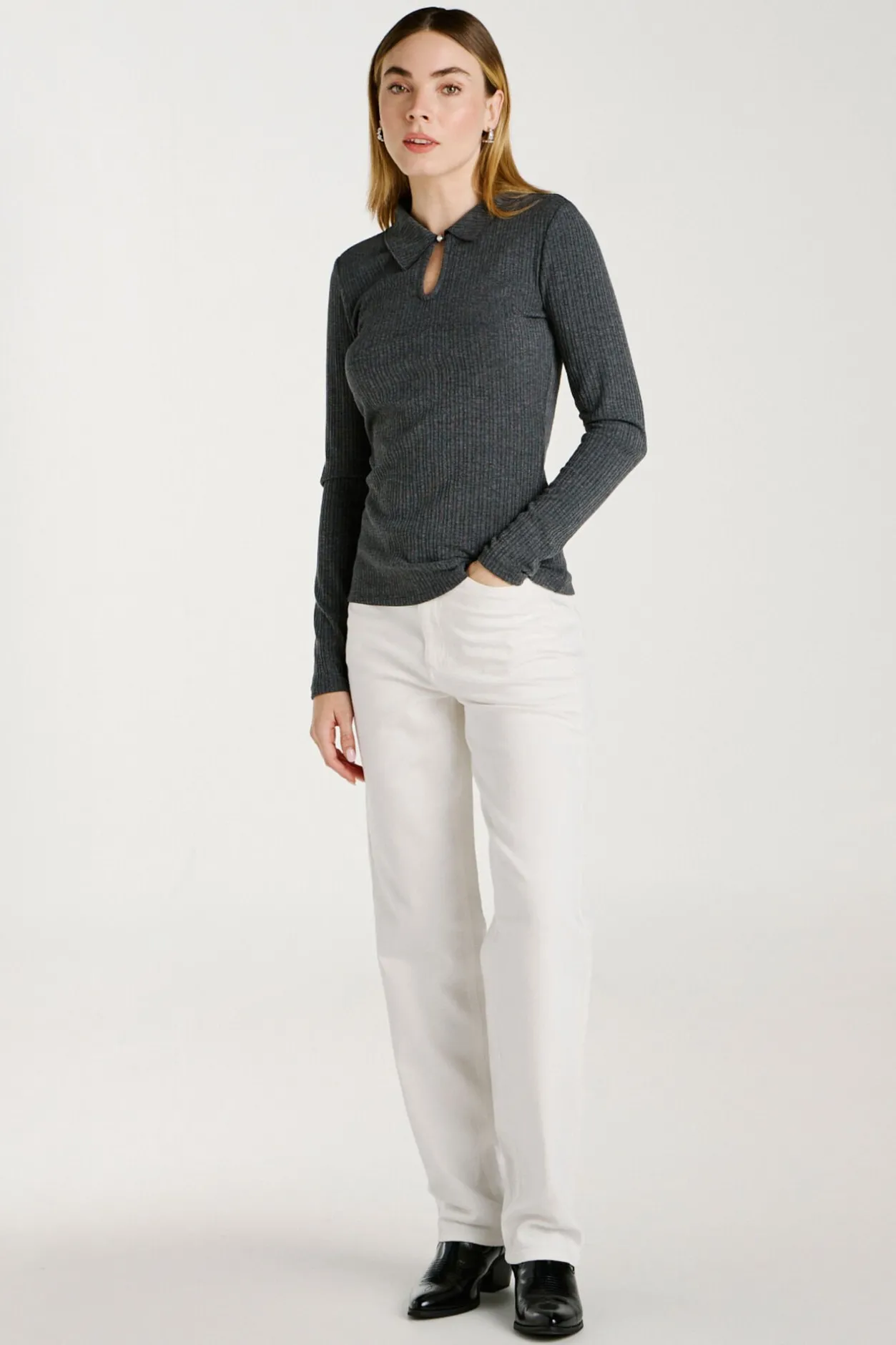 Vila Top de manga larga con cuello polo Gris Online