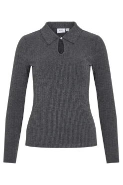Vila Top de manga larga con cuello polo Gris Online