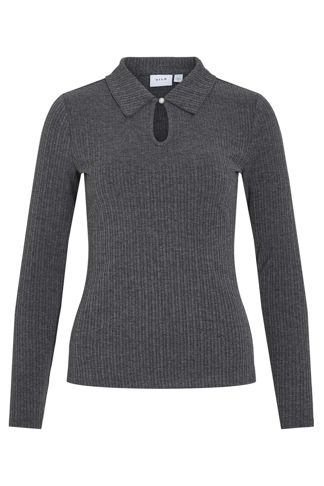 Vila Top de manga larga con cuello polo Gris Online