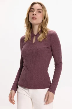 Vila Top de manga larga con cuello polo Morado Discount