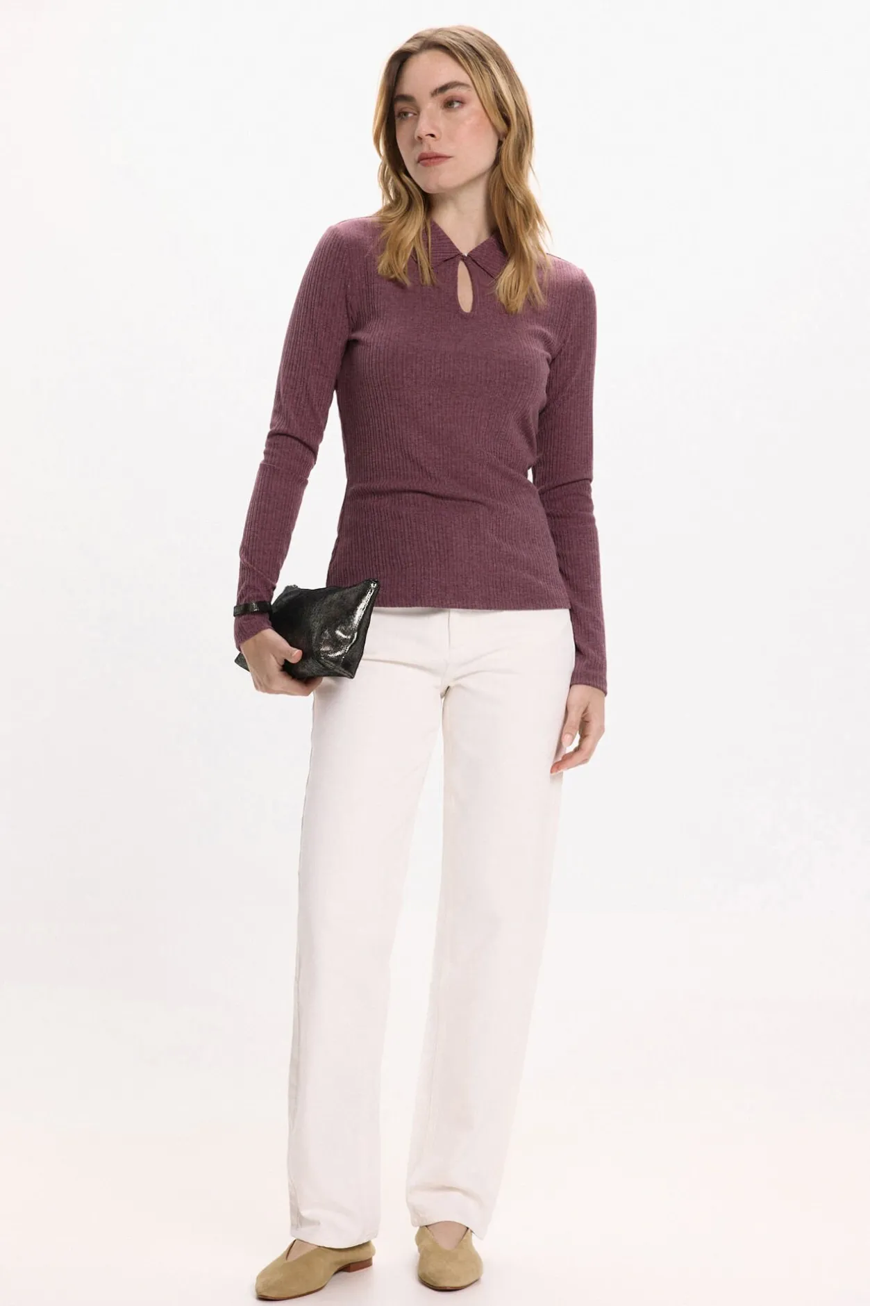 Vila Top de manga larga con cuello polo Morado Discount