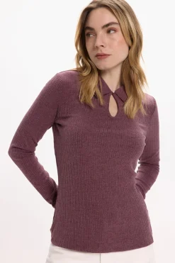 Vila Top de manga larga con cuello polo Morado Discount