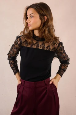 Molly Bracken Top de manga larga detalles de encaje Negro Online