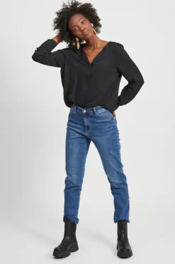 Vila Top de mujer de manga larga con escote en pico Negro Clearance
