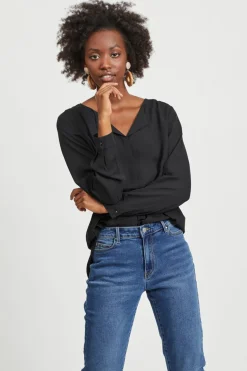 Vila Top de mujer de manga larga con escote en pico Negro Clearance