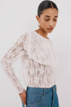 Cortefiel Top encaje volante Blanco Outlet