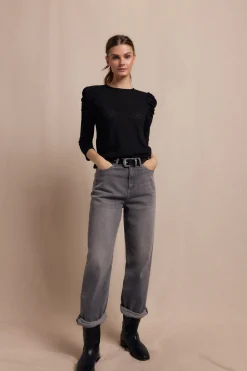 Slowlove Top estructura manga abullonada Negro New