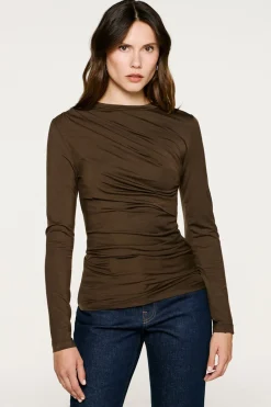 Selected Top fruncido slim fit Marr&oacute;n oscuro Discount