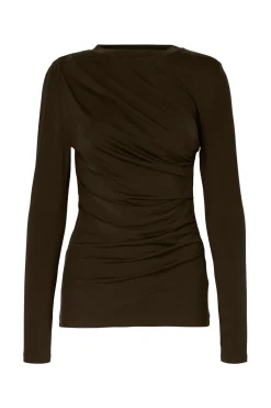 Selected Top fruncido slim fit Marr&oacute;n oscuro Discount