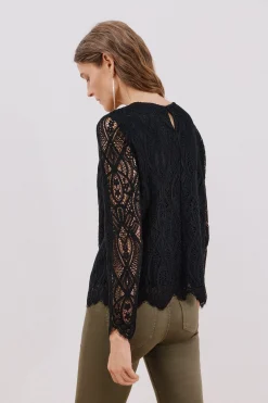 Cortefiel Top guipur manga larga Negro Discount