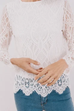 Cortefiel Top guipur manga larga Blanco Discount