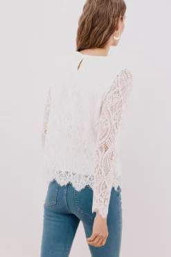 Cortefiel Top guipur manga larga Blanco Discount