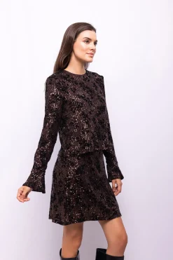 Object Top lentejuelas y flocado Marr&oacute;n oscuro Sale