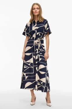 Vila Vestido camisero anudado midi Azul marino Hot