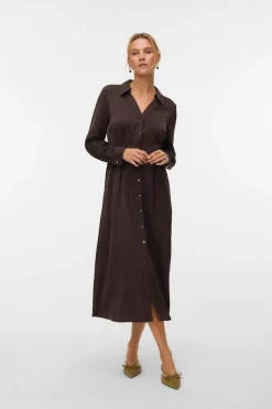 Vero Moda Vestido camisero efecto satinado Marr&oacute;n oscuro Discount