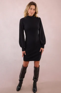 Molly Bracken Vestido corto de manga larga detalle botones Negro Best