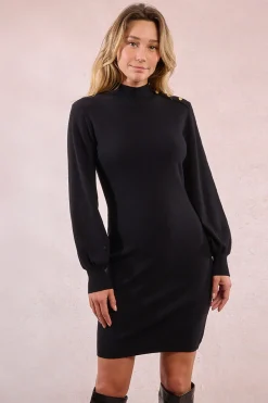 Molly Bracken Vestido corto de manga larga detalle botones Negro Best