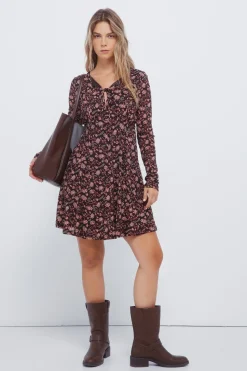 Springfield Vestido corto escote lazos estampado marr&oacute;n New