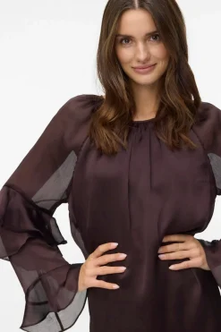 Vero Moda Vestido corto gasa manga volantes Marr&oacute;n oscuro Discount