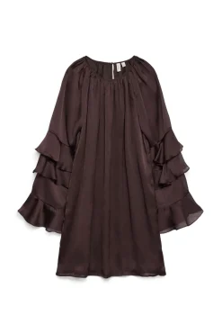 Vero Moda Vestido corto gasa manga volantes Marr&oacute;n oscuro Discount