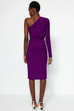 Trendyol Vestido de punto midi con hombro descubierto morado/lila Discount