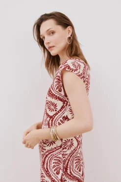 Cortefiel Vestido escote pico contraste Estampado granate Online