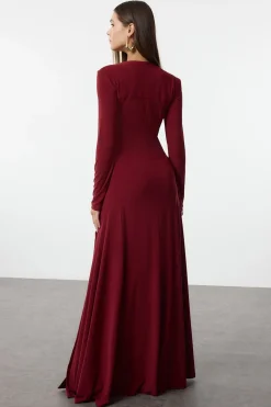 Trendyol Vestido largo con escote en V burdeos