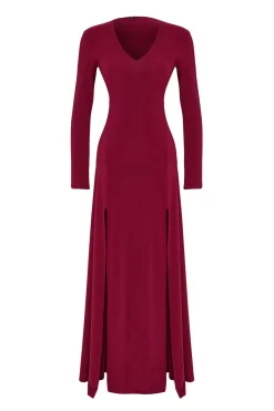 Trendyol Vestido largo con escote en V burdeos