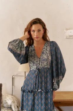 Jaase Vestido largo Luciana estampado Nico Azul Sale