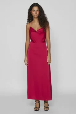 Vila Vestido largo satinado escote drapeado Rojo Discount