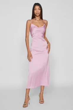 Vila Vestido largo satinado escote drapeado Lila Outlet