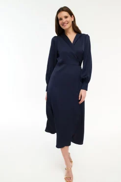 Vila Vestido midi cruzado satinado Azul marino Discount