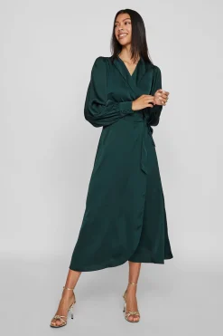 Vila Vestido midi cruzado satinado Verde oscuro Clearance