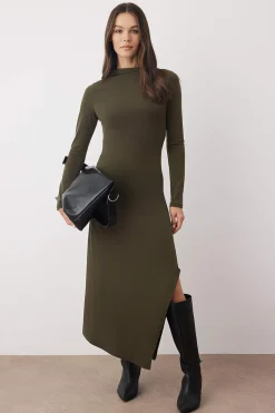 Trendyol Vestido midi cuello subido kaki Clearance