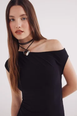 Springfield Vestido midi escote asimétrico negro Discount