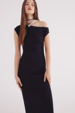 Springfield Vestido midi escote asimétrico negro Discount