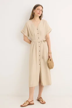 Cortefiel Vestido midi pliegues Beige Clearance