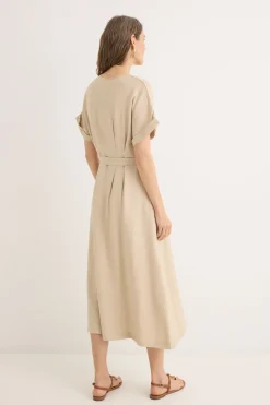 Cortefiel Vestido midi pliegues Beige Clearance