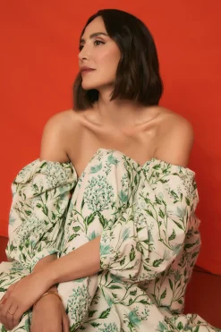 TFP by Tamara Falcó Vestido palabra de honor estampado Turquesa