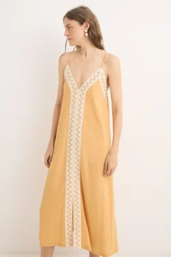 Cortefiel Vestido puntilla algodón contraste Amarillo Hot